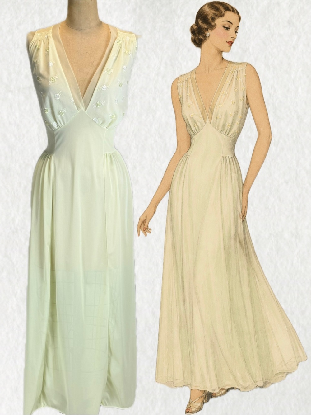 VINTAGE MCM 60s slip dress evening nightgown lemon lime chiffon embroider long
